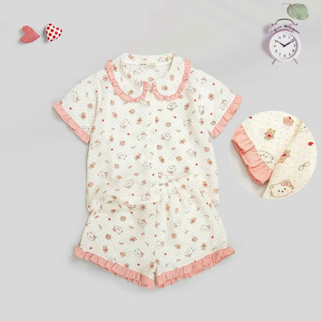 BỘ PYJAMA BÉ GÁI CHẬT ĐŨI COTTON MỀM MẠI VỚI HOẠ TIẾT GẤU, KITTY DỄ THƯƠNG TỪ 12-50KG CHO BÉ GÁI