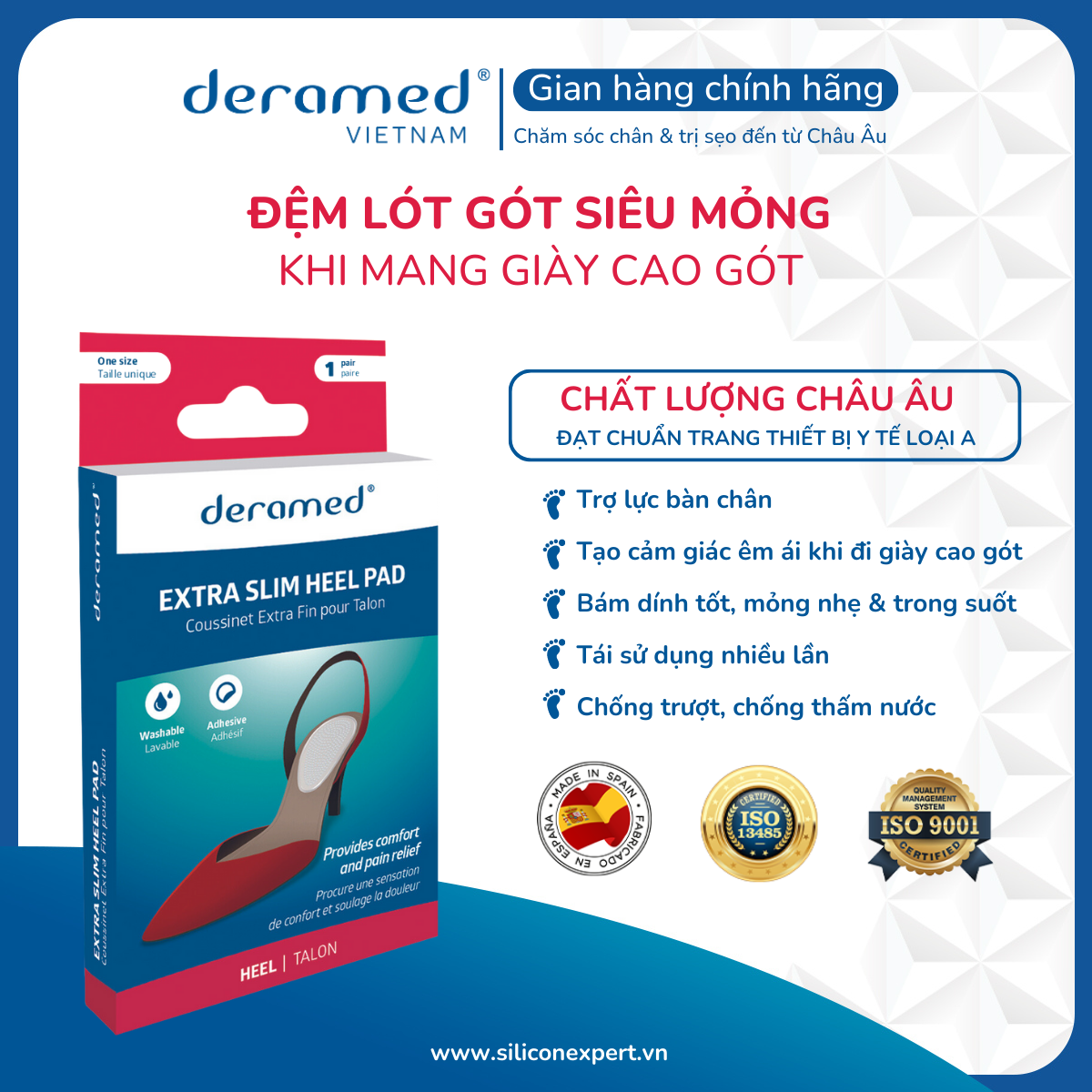 LÓT GÓT GIÀY SIÊU MỎNG DERAMED SIÊU ÊM ÁI & CHỐNG ĐAU GÓT CHÂN PHÙ HỢP GIÀY DA, GIÀY THỂ THAO - 1 CẶP CÓ THỂ TÁI SỬ DỤNG  SẢN XUẤT TẠI TÂY BAN NHA