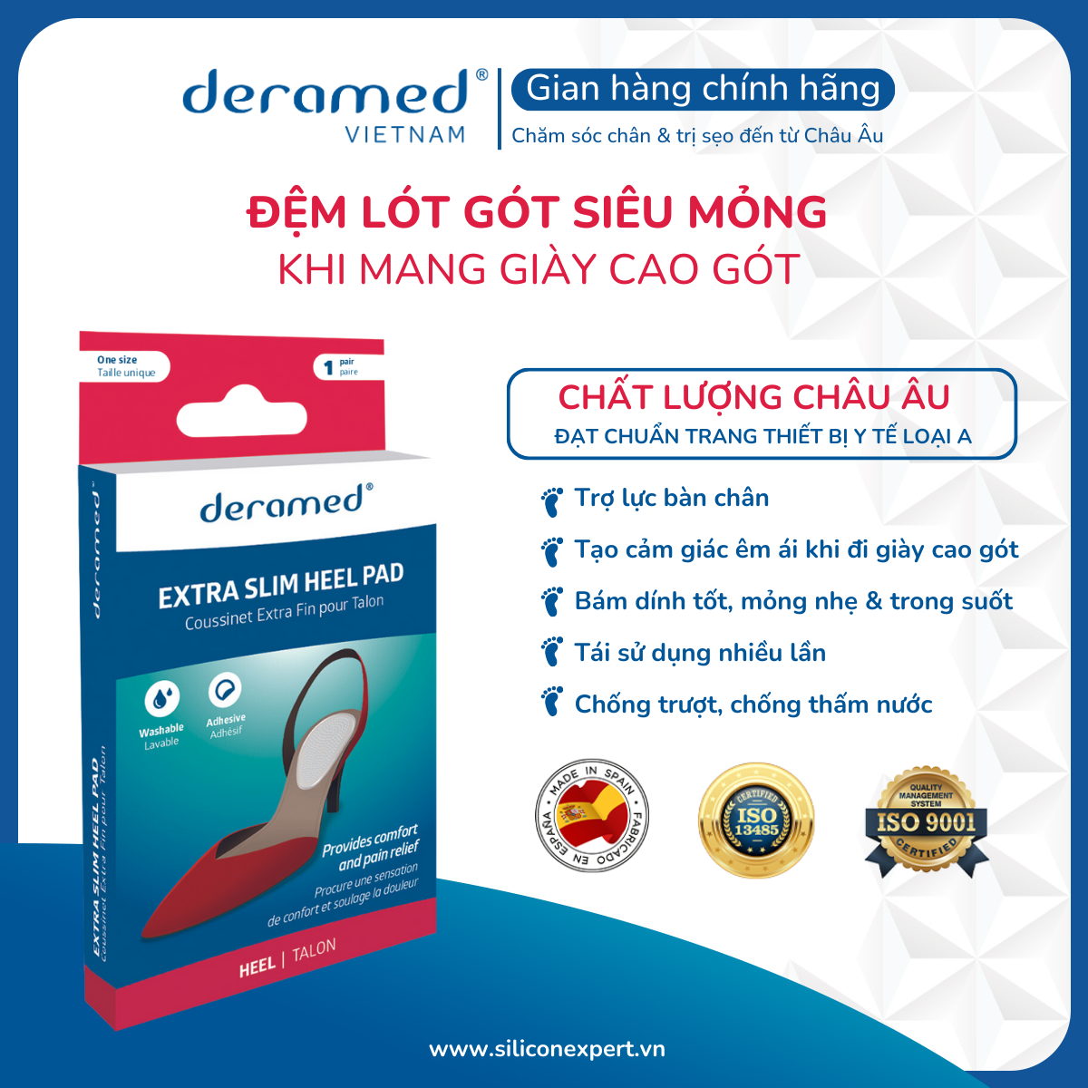 LÓT GÓT GIÀY SIÊU MỎNG DERAMED SIÊU ÊM ÁI &amp; CHỐNG ĐAU GÓT CHÂN PHÙ HỢP GIÀY DA, GIÀY THỂ THAO - 1 CẶP CÓ THỂ TÁI SỬ DỤNG  SẢN XUẤT TẠI TÂY BAN NHA