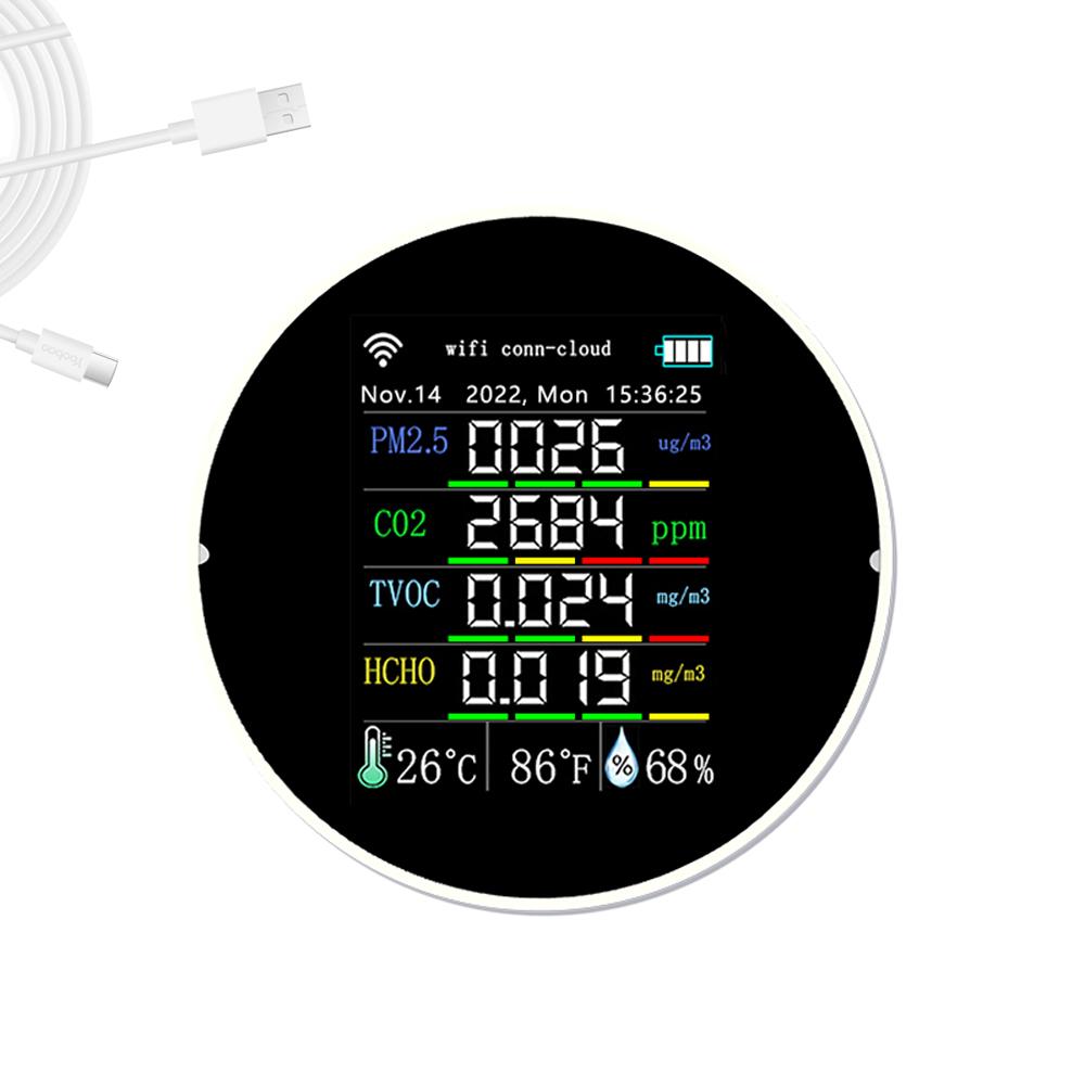 Tuya Wifi Portable Air Quality Meter 7in1 PM2.5 CO2 TVOC HCHO AQI Temperature Humidity Tester Color Display Carbon Dioxide Detector Support Cellphone APP Control with Calendar Function