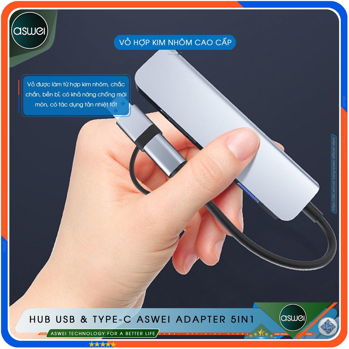 Hub Type C Và Hub USB ASWEI 5 in 1 To USB 3.0, SD, TF - Cổng Chia USB, Ổ Chia USB Tốc Độ Cao - Hub Chuyển Đổi USB Type C Dành Cho Macbook, Laptop, PC, Máy Tính Bảng, Điện Thoại - Hàng Chính Hãng