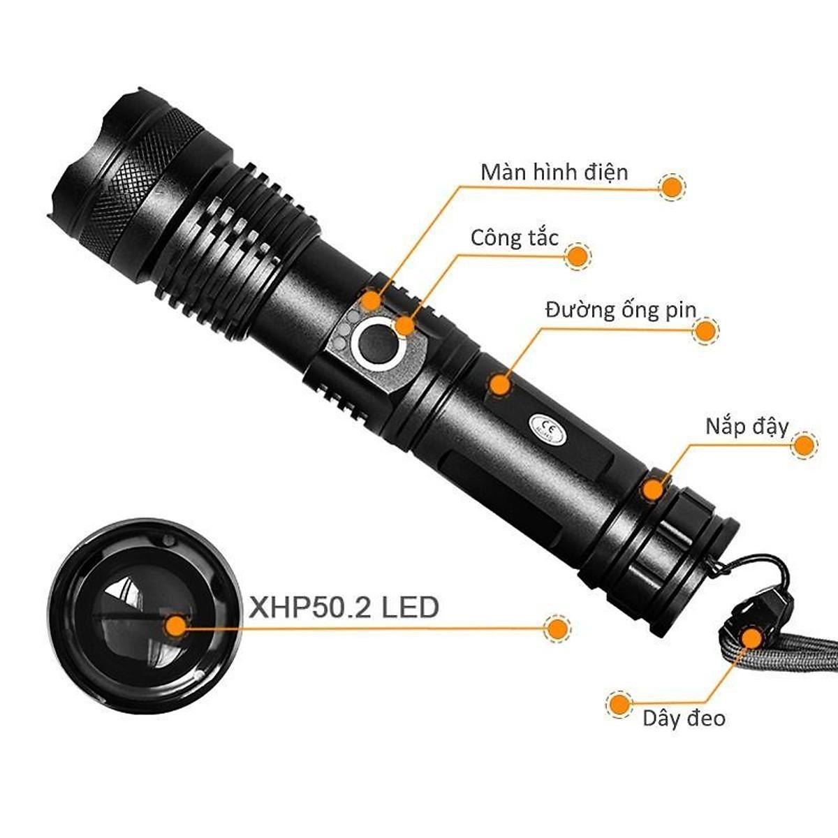 Đèn pin siêu sáng XHP50 bản cao cấp đèn led chiếu xa chống nước, chiếu xa 300m, sạc pin tiện lợi Độ sáng 1800 lumens