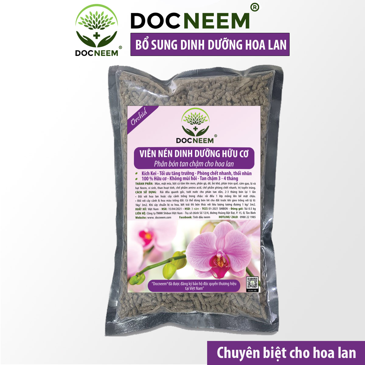 Phân bón cho hoa lan DOCNEEM tan chậm, viên nén dinh dưỡng hữu cơ vi sinh ben 01 cho hoa lan, túi 0.5 kg, chính hãng