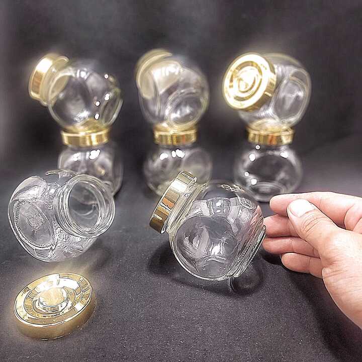 Hũ thủy tinh đựng gia vị 180ml mẫu Tròn Dẹt kiểu nghiêng 2 đáy - nắp nhựa vàng - hũ chưng yến thuỷ tinh, lọ đựng bánh kẹo, hạt dưa, tổ yến, mật ong, sữa ong chúa, thực phẩm, mỹ phẩm