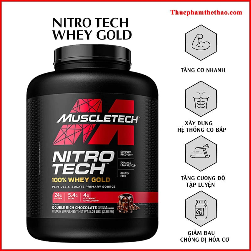 Sữa tăng cơ NITRO TECH 100% WHEY GOLD Hộp 5lbs (2.3kg) Hỗ Trợ Tăng Cơ, phục hồi, phát triển cơ bắp - KÈM QUÀ TẶNG - Hàng Chính Hãng USA