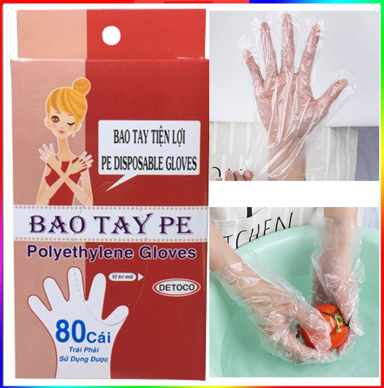 Combo 2 hộp bao tay Detoco chế biến thực phẩm, dược phẩm, phòng thí nghiệm, Y tế, nhựa PE chính phẩm 80 cái/hộp.