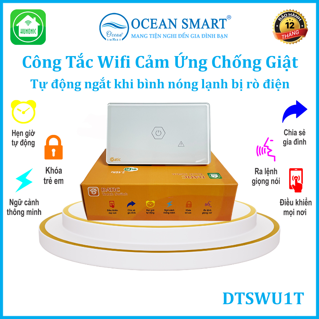 Công Tắc Thông Minh Wifi, Công Tắc Chống Giật Cho Bình Nóng Lạnh Hunonic Datic - DTSWU1