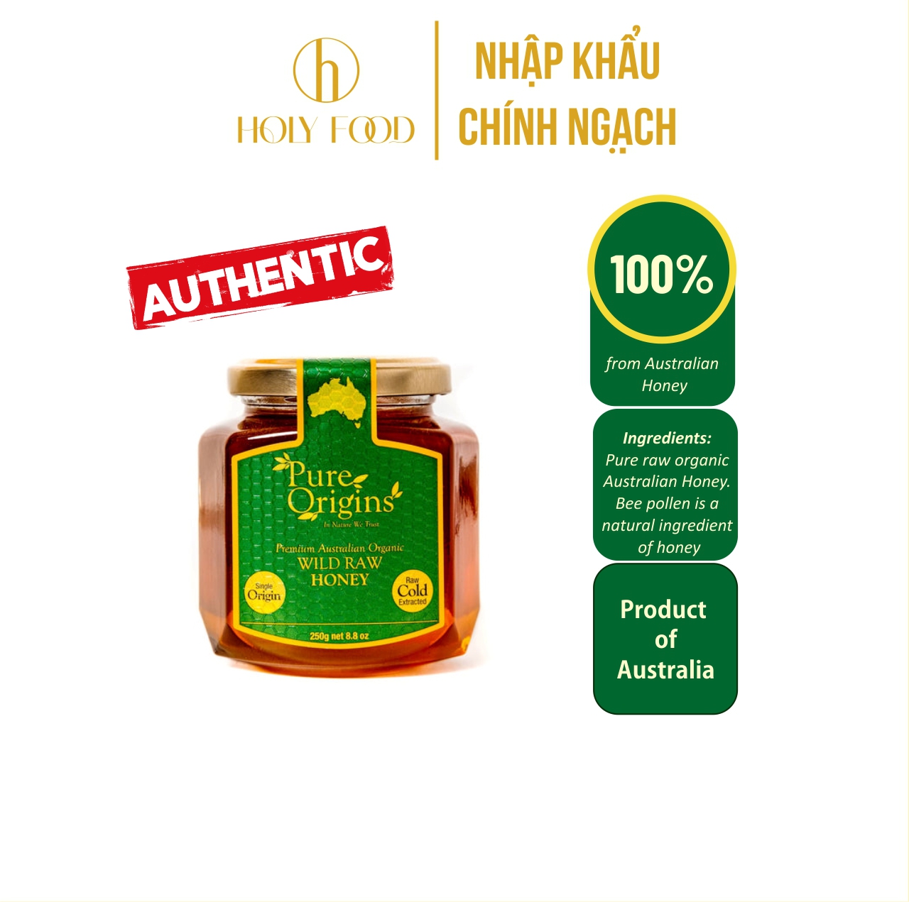 Mật ong Organic Wild Raw chính hãng Úc hiệu Pure Origins loại 250g