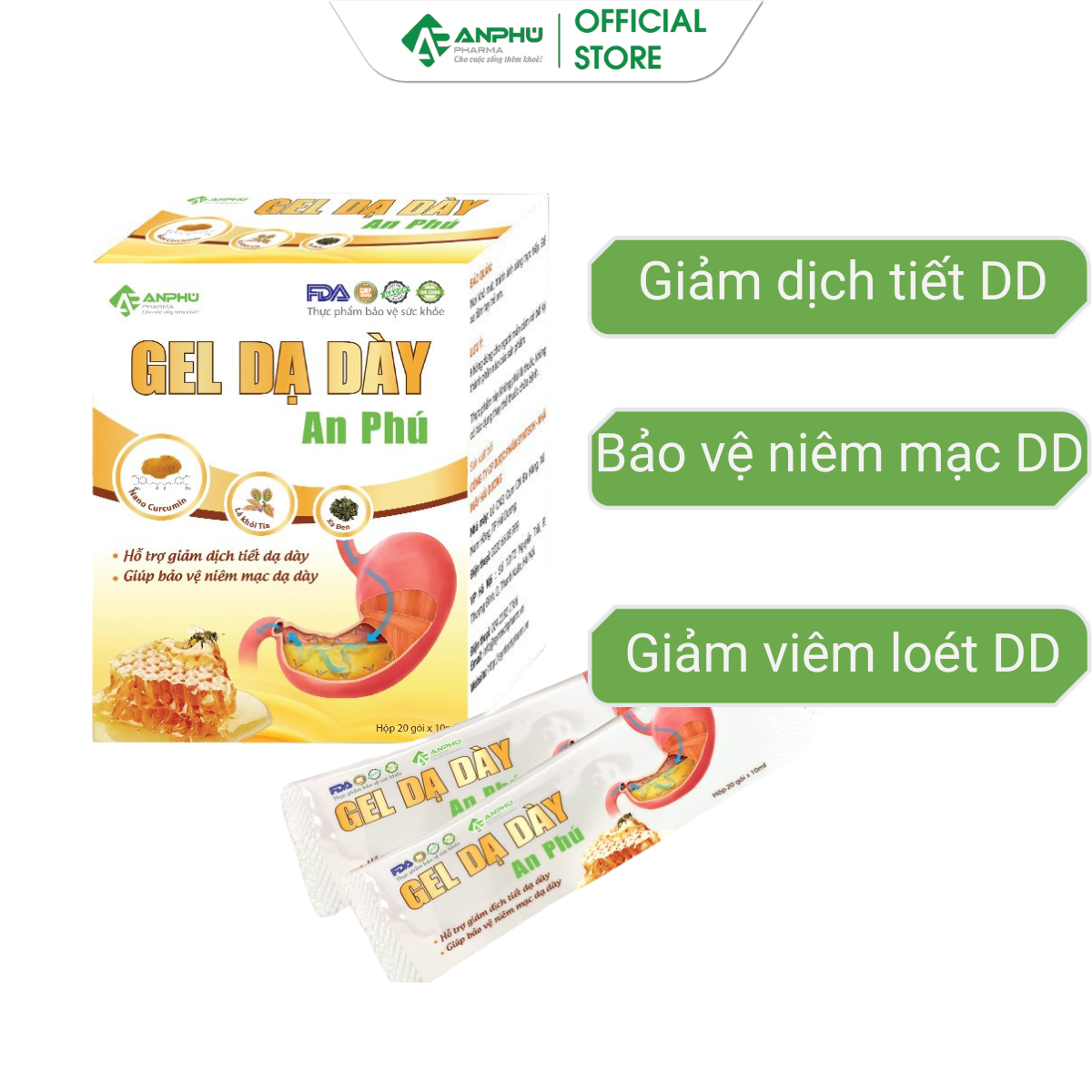 Gel dạ dày An Phú (Nano Curcumin) Giảm Đau nhanh, Giảm Viêm loét, Trào ngược dạ dày, Bảo vệ niêm mạc (Hộp 20 gói x 10ml)