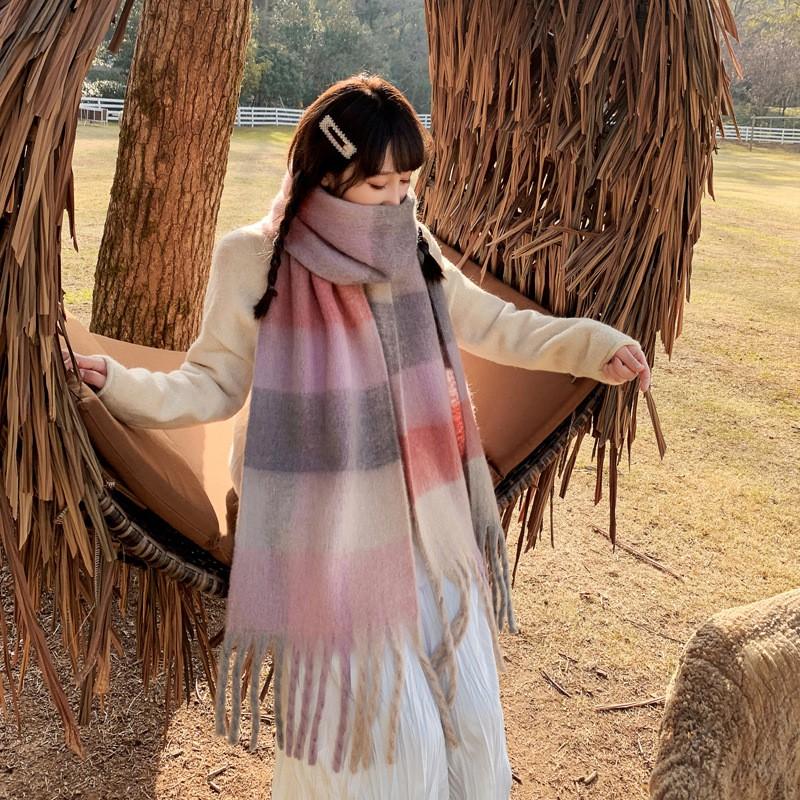 Khăn quàng cổ len lông cừu nam nữ mùa đông; Khăn choàng cổ len cashmere kẻ caro; K10 - BONMIE