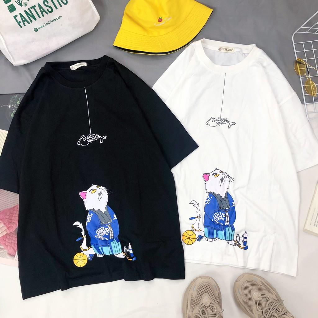 Áo thun cotton tay lỡ in hình Mèo Nhật - ẢNH THẬT