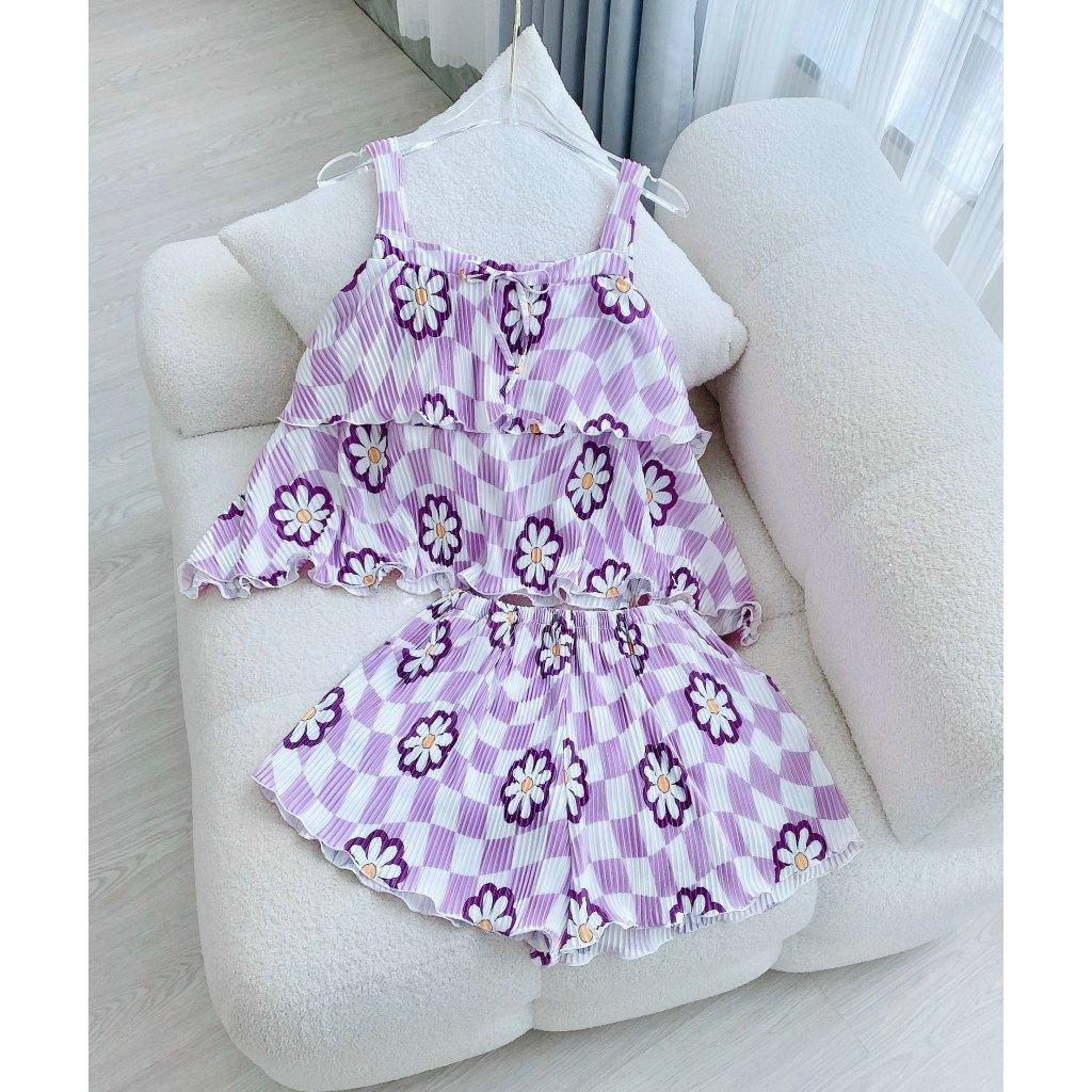 Đồ Bộ Pijama Thun Dập Ly Cao Cấp Đùi Dây 2 Tầng (hồng/tím) freesize 40-60Kg