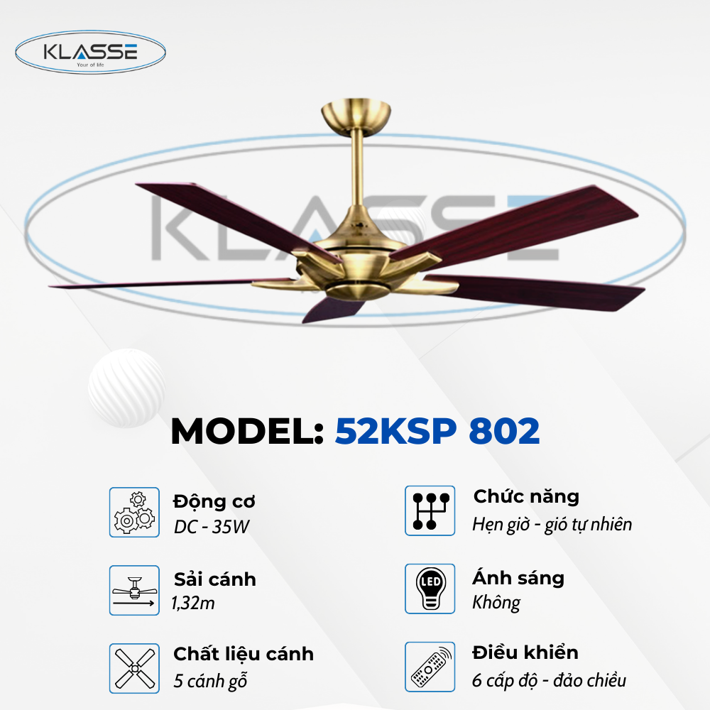 Quạt trần không đèn Klasse 52KSP 802 Hàng chính hãng