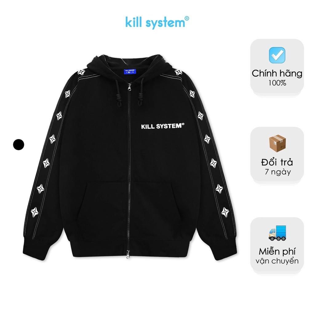 Áo khoác hoodie zip Kill System line oversize có nón nam nữ, vải chân cua, 2 màu đen trắng unisex