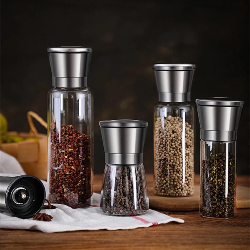 Nhà Máy Hạt Tiêu Gia Vị Jar Gia Vị Mài Chai Muối Và Hạt Tiêu Đen Xay Shakers Kính Thép Không Gỉ Nhà Bếp Canister Set