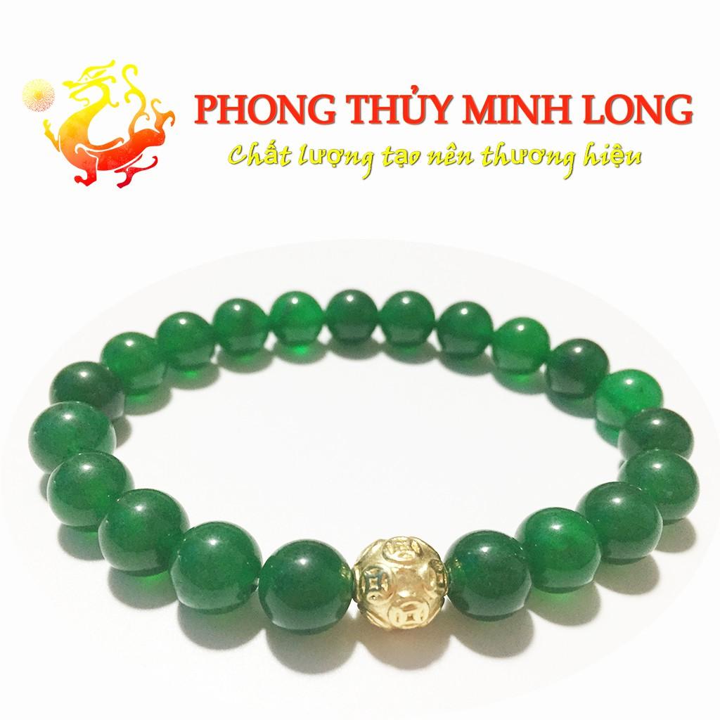 Vòng tay đá Mã Não Xanh 3A mix 1 hạt kim tiền Vàng hợp mệnh Hỏa và Mộc