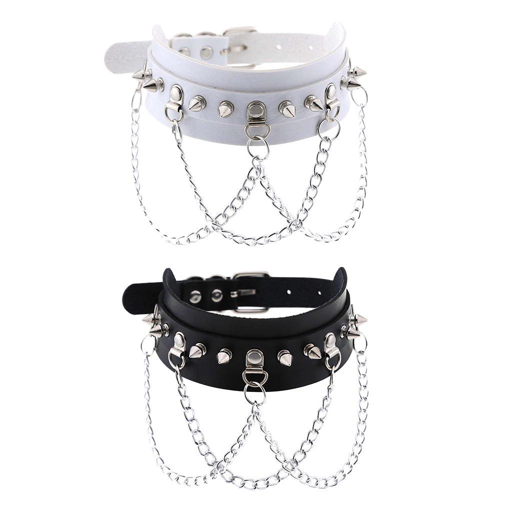 2Pcs Goth Pu Leather Choker Collar Women Men Studs Chains Necklace Rock Jewelry