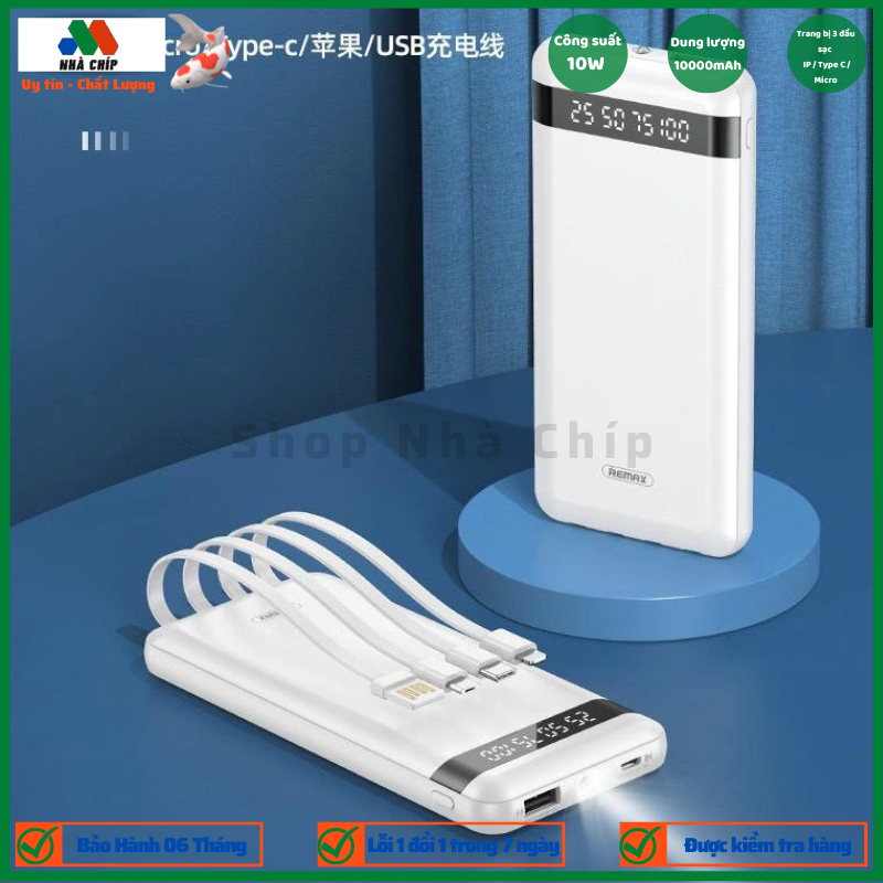 Pin sạc dự phòng kèm 3 cáp đầu ra 1 cáp đầu vào 10000mAh Remax RPP-222 - Hàng chính hãng