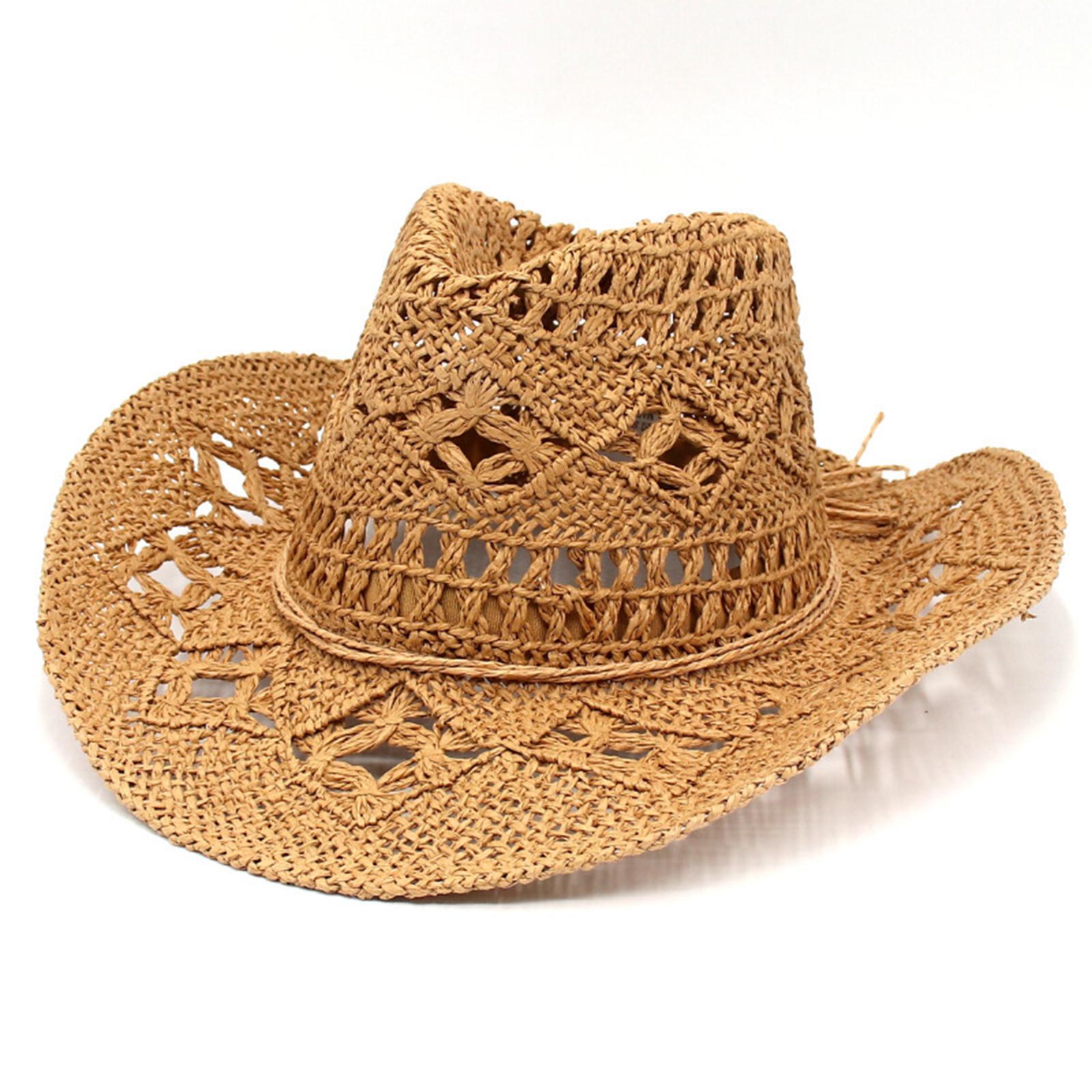 Straw Western Cowboy Hat Wide Brim Sun Hat Floppy Beach Hat for Outdoor