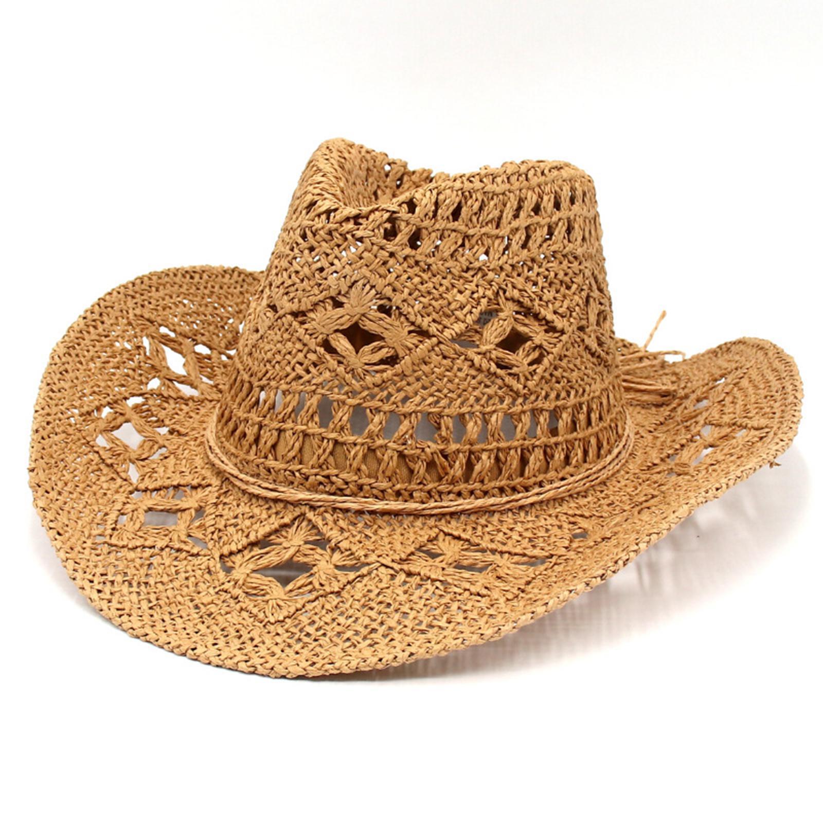 Straw Cowboy Hat Handmade Weave Straw Hats Wide  Hat for Holiday Khaki