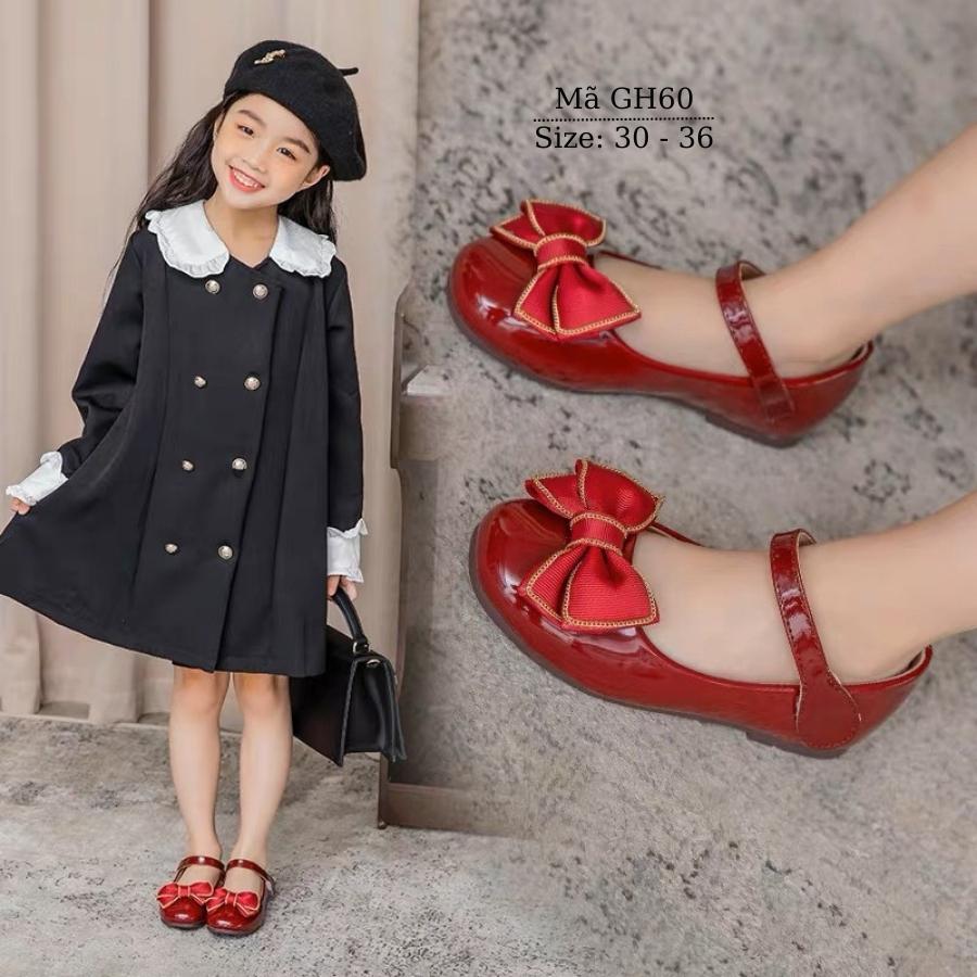 Giày búp bê đỏ gắn nơ duyên dáng và dễ thương cho bé gái 5 đến 12 tuổi phong cách Hàn Quốc GH60
