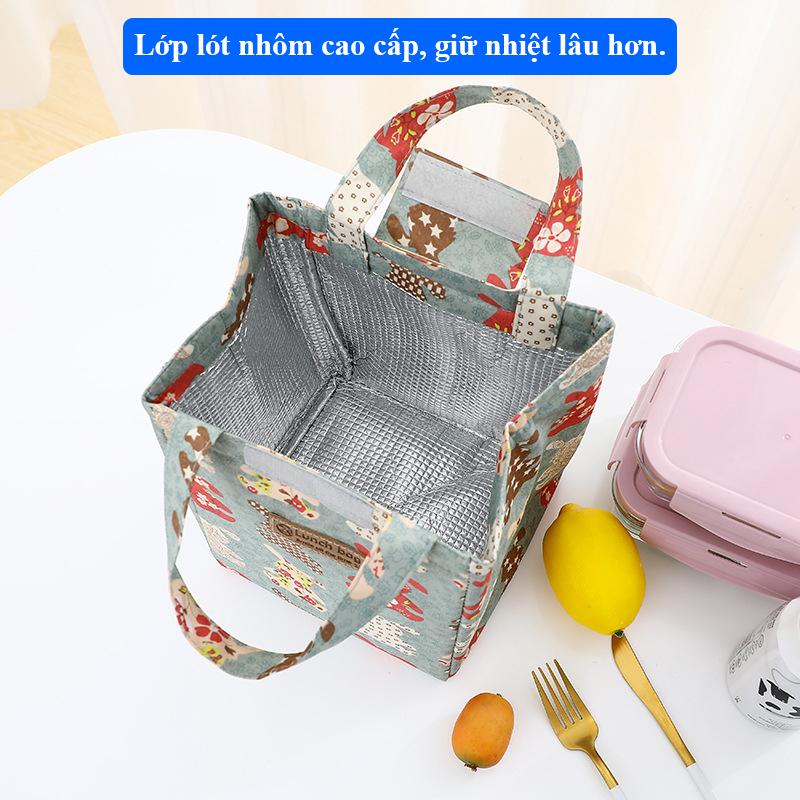 Túi đựng hộp cơm giữ nhiệt văn phòng có lớp lót bạc bên trong phù hợp mang đi làm, thiết kế thời trang với nhiều màu sắc dễ thương