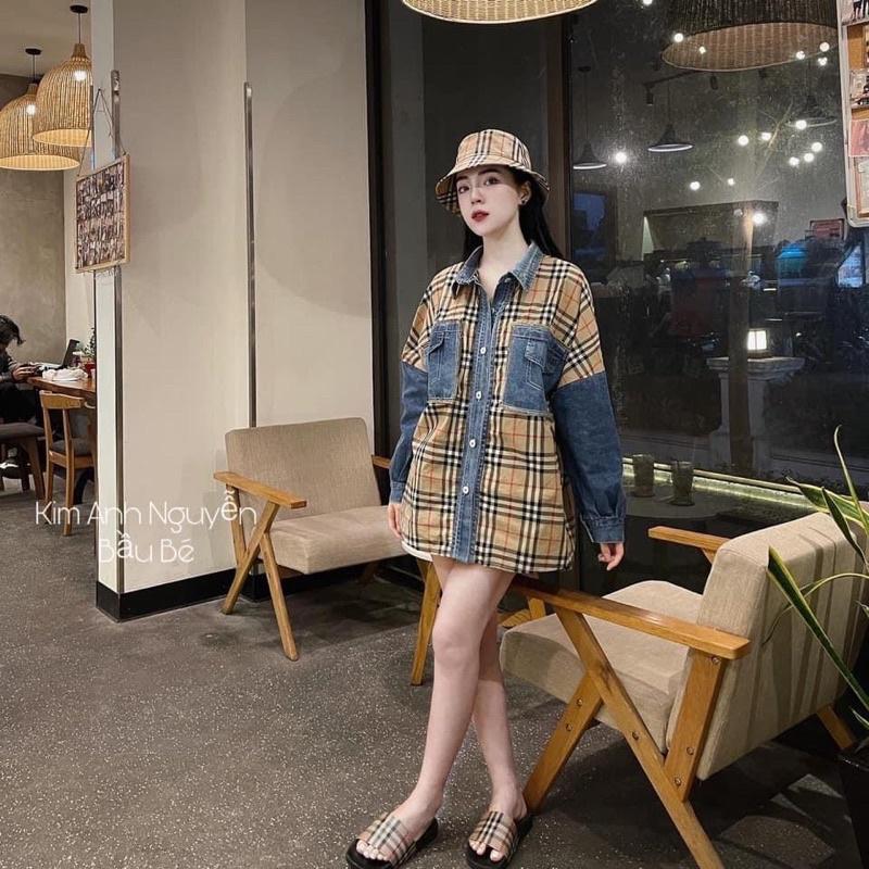 Áo sơ mi BIGSIZE dài tay ,áo sơ mi kẻ phối jean siêu cá tính có túi trước ngực &lt;90kg