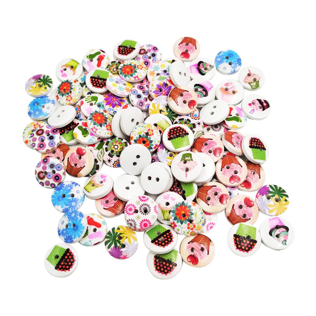 100pcs Mixed 2 Holes Wood Round Buttons for Sewing Scrapbooking Crafts 15mm