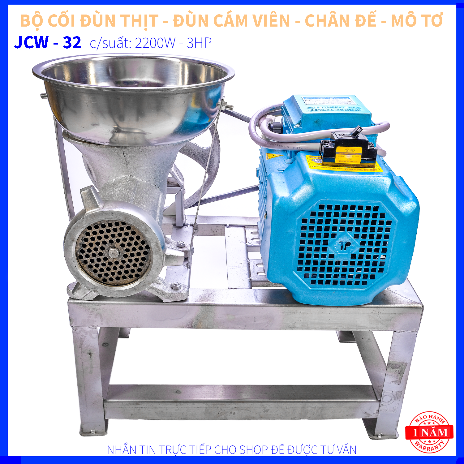 CỐI ĐÙN THỊT JCW 32 GANG 100% - CHÂN ĐẾ SẮT - 2 DÂY CURO - MÔ TƠ 2.2KW - 3HP