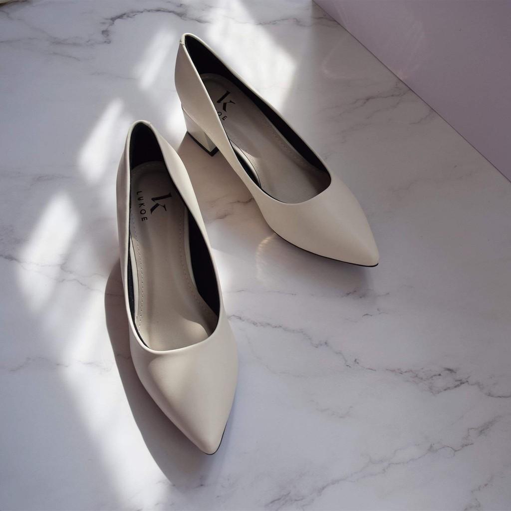 Giầy cao gót đế vuông 5cm viền gót kim loại mũi nhon da lì sang chảnh nơi công sở Lykoe L-daily