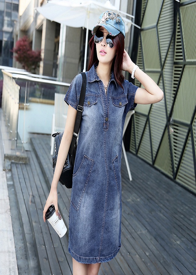 Đầm Jean Suông Cổ Sơ Mi Cao Cấp