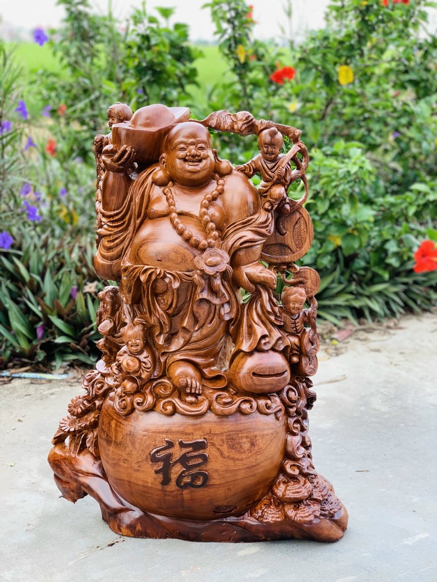 Tượng phật di lặc ngũ phúc bằng gỗ sụn hương ta cực đẹp kt cao 72×55×24cm