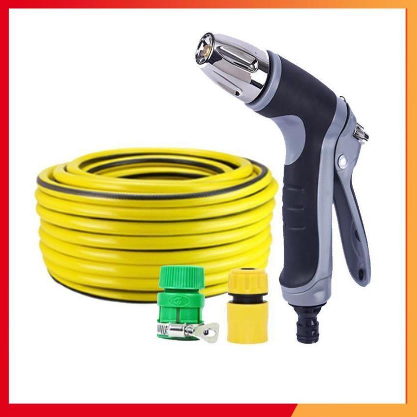 Bộ dây vòi xịt nước rửa xe, tưới cây,tăng áp 3 lần cút nhựa nối nhựa vàng loại 7-10m 206817