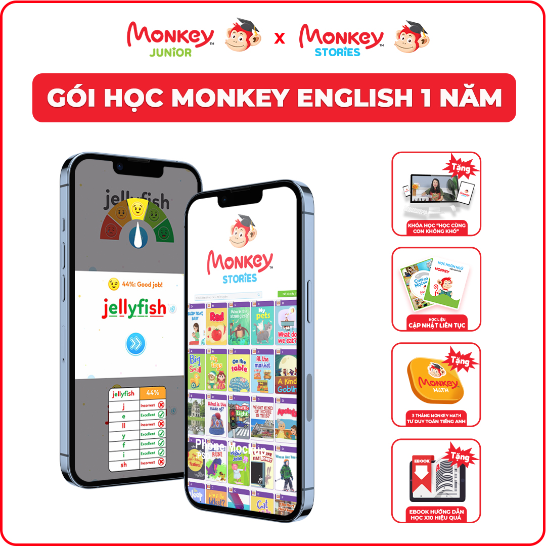 Monkey English - Bộ 2 ứng dụng dạy trẻ tiếng Anh toàn diện từ con số 0 - Monkey Junior & Monkey Stories - Gói học 1 năm