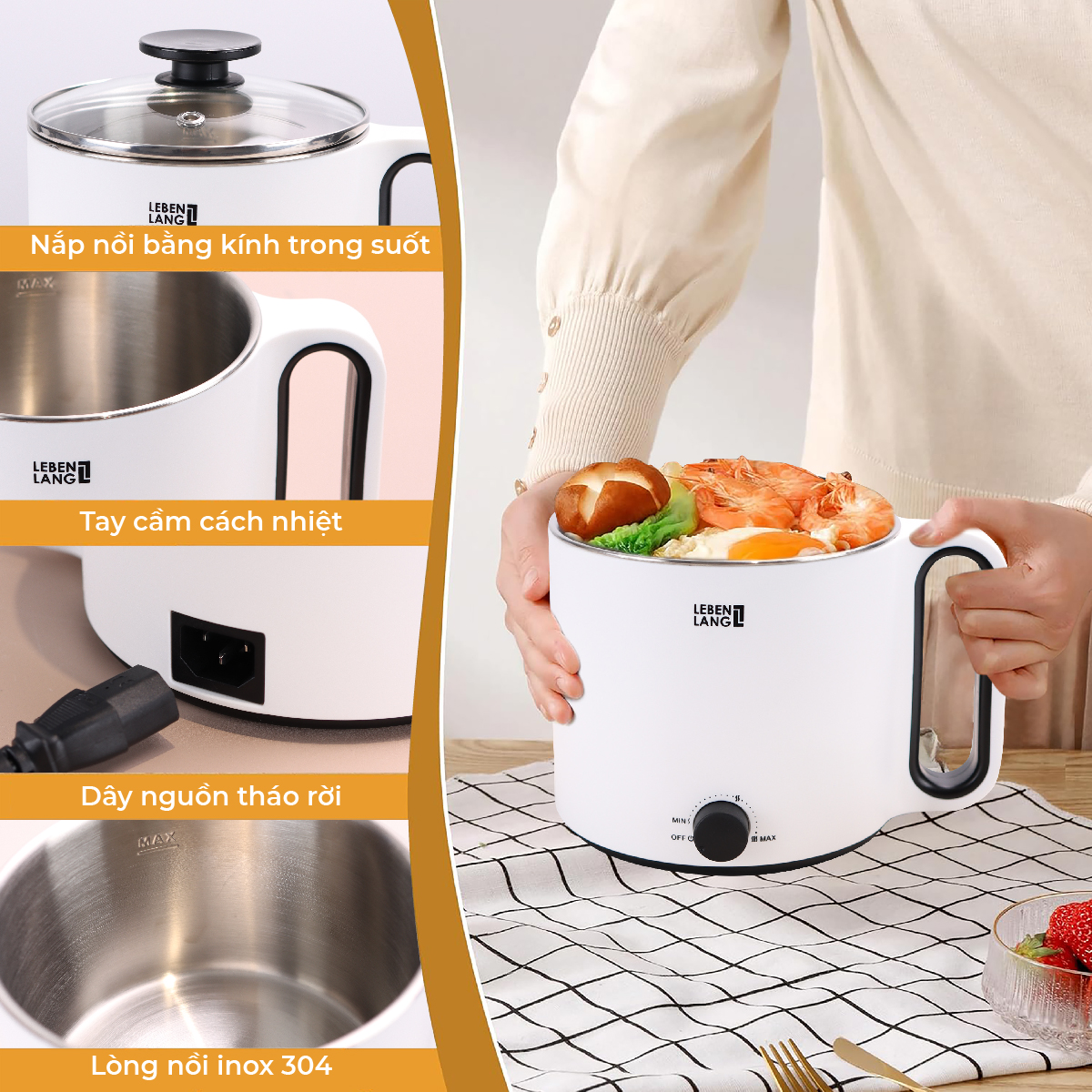 Nồi lẩu điện mini đa năng Lebenlang LBEC0808 1500ml - Hàng chính hãng