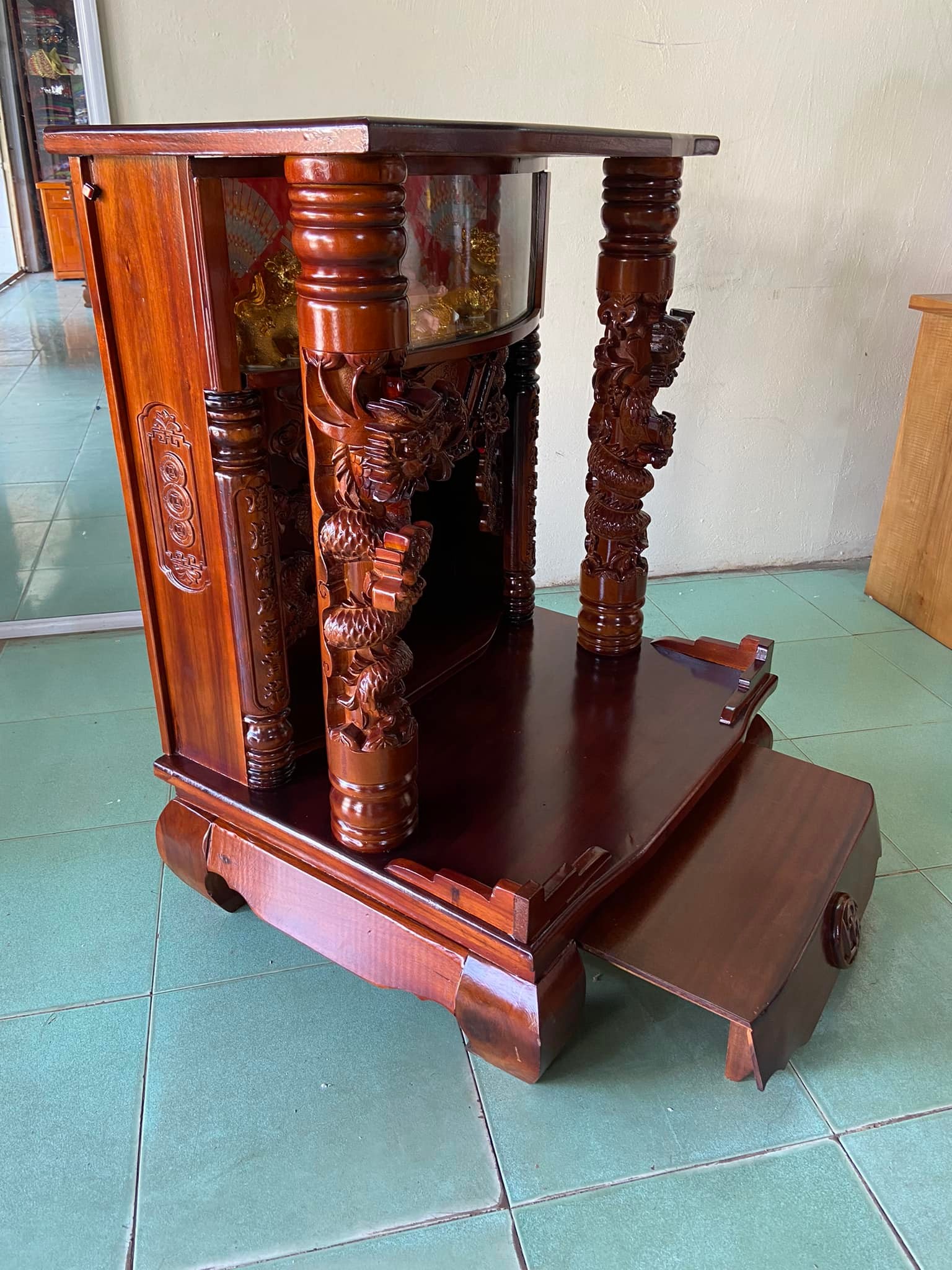 Bàn thờ thần tài ông địa mẫu Rồng Cuộn cao cấp, có hộp đèn 80 x 68 x 108CM
