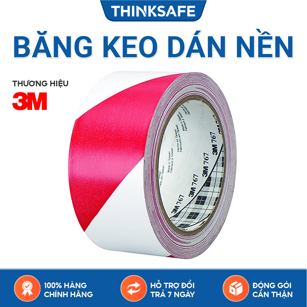 Băng keo dán nền cảnh báo 3M 767 sọc trắng đỏ, phân chia lối đi, cảnh báo nguy hiểm, keo dán chắc chắn bền màu ( 50mmX32.9m) 