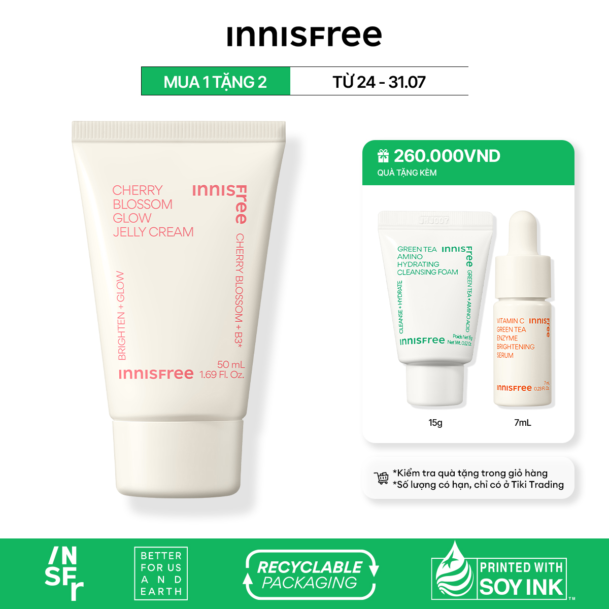 Gel dưỡng ẩm sáng da từ hoa anh đào đảo Jeju innisfree Cherry Blossom Jelly Cream 50ml