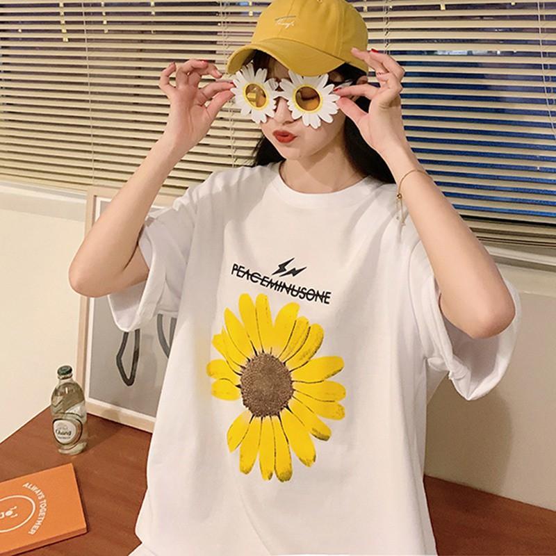 Áo Thun Tay Ngắn Cổ Tròn Hoạ Tiết Hoa Thiết Kế Dáng Rộng Thoải Mái