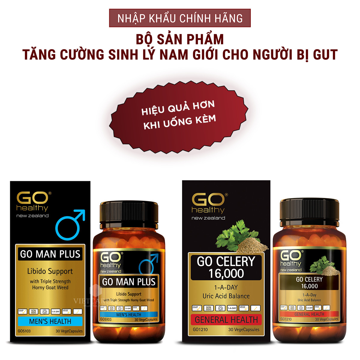 Bộ sản phẩm nhập khẩu chính hãng tăng cường sinh lực, sinh lý nam cho người bị gout gồm: Viên gout GO CELERY 16000mg (30 viên) và viên uống tăng cường sinh lý nam GO MAN PLUS ( 30 viên)