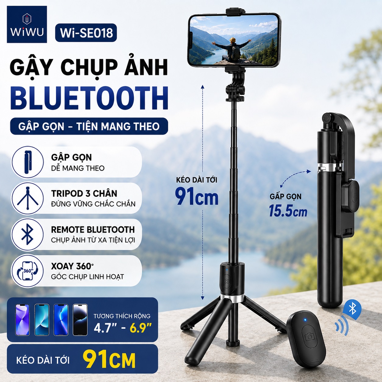 Gậy Chụp Ảnh Bluetooth WiWU Wi-SE018 Tripod 3 Chân, Remote Chụp Từ Xa, Kéo Dài 91cm, Gập Gọn 15.5cm, Xoay 360° Cho iPhone Samsung - Hàng nhập khẩu
