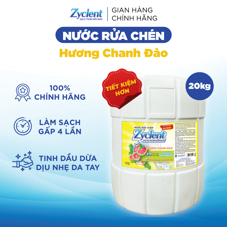 Nước Rửa Chén Zyclent Extra Hương Chanh Đào 20KG - SIÊU TIẾT KIỆM