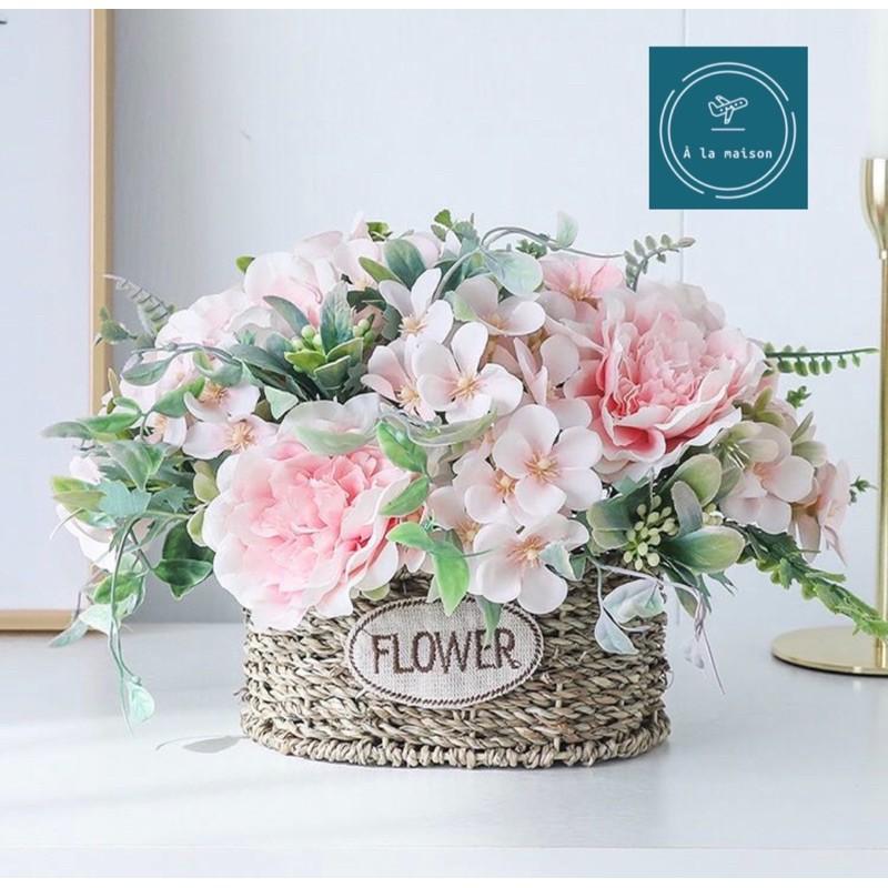 Cụm hoa hồng trà mẫu đơn thiết kế tinh tế hài hoà 20cm, hoa cô dâu, hoa decor, hoa lụa cao cấp