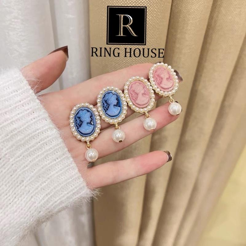 (Chuôi Bạc 925) Bông Tai Khuyên Tai Nữ Tượng Cô Gái Xanh Hồng Vintage Đính Hạt Trai Đẹp Lạ Mắt