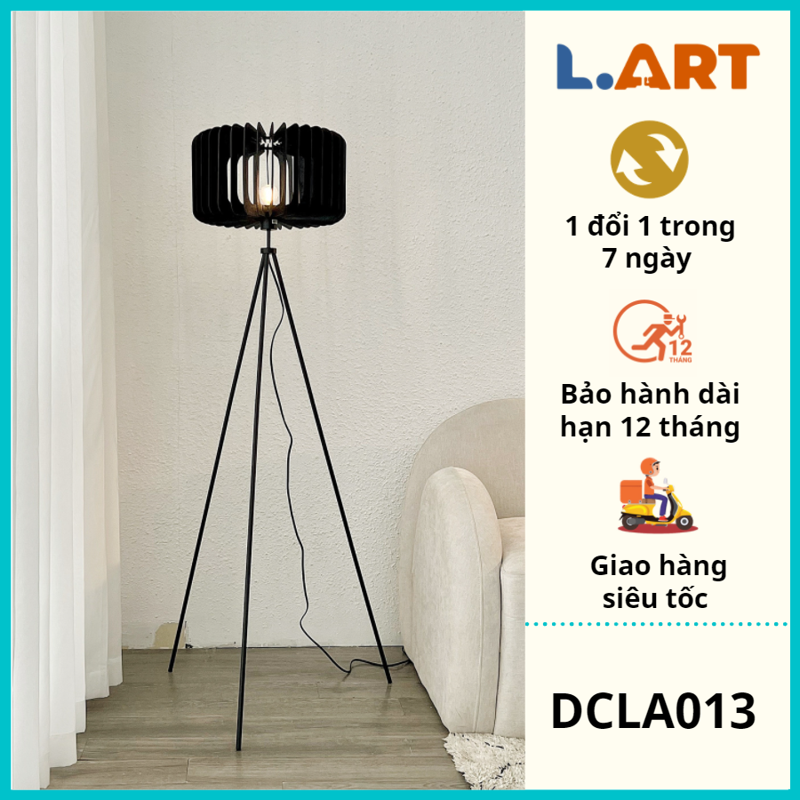 Đèn cây đứng đèn sàn chân máy phong cách Industrial chao đan bằng gỗ độc đáo DCLA013