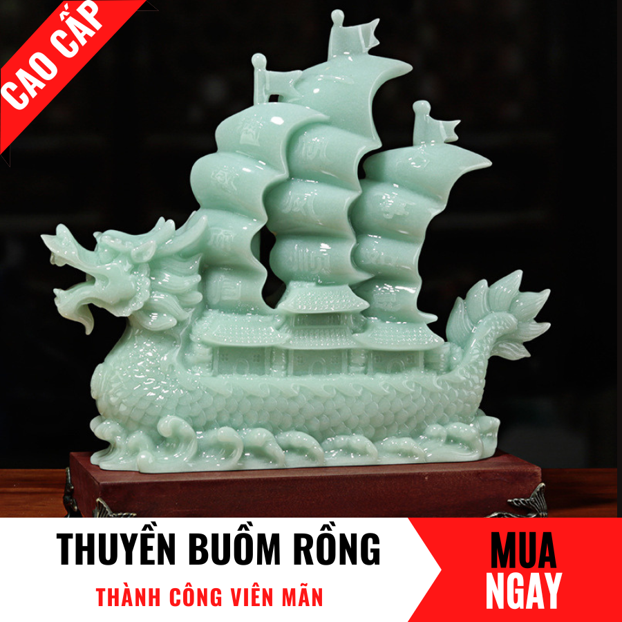 Thuyền Buồm Rồng Trang Trí Phong Thủy Bằng Đá Hoàng Ngọc Cao 31cm