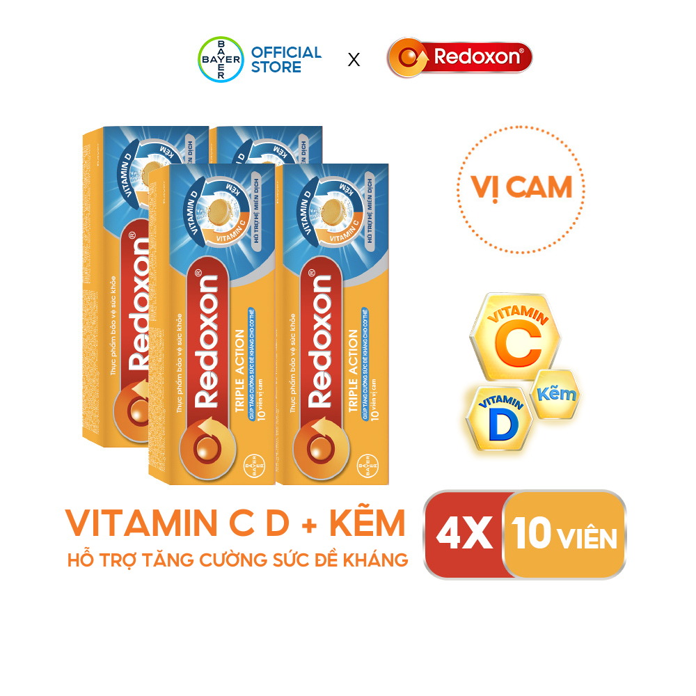 Combo 4 Viên Sủi Bổ Sung Vitamin C, D, và Kẽm REDOXON Triple Action 10 Viên x4 Hỗ Trợ Tăng Sức Đề Kháng