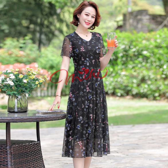 Váy đầm trung niên nữ cho mẹ Voan 2 lớp V74 - Áo đầm dáng dài cho bà, cho người lớn tuổi trung tuổi thời trang mùa hè đẹp cao cấp sang trọng dự tiệc dạ hội U40 U50 U60 U70 giá rẻ Bigsize cho người mập size lớn