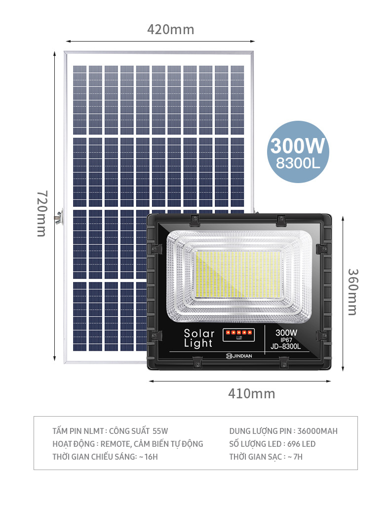 Đèn Năng Lượng Mặt Trời  JINDIAN, đèn nlmt, Đèn led pha năng lượng mặt trời- Hàng Chính Hãng có Logo JINDIAN