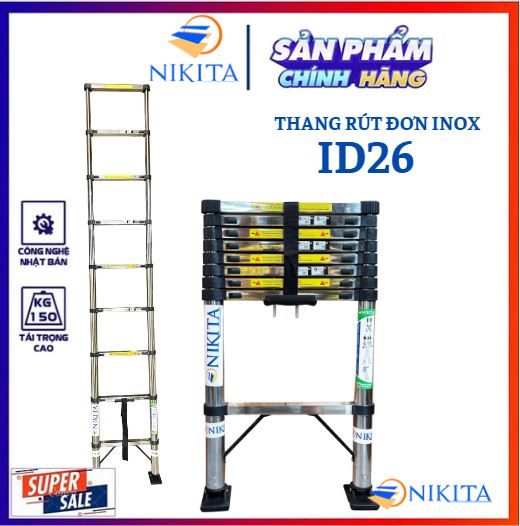 Thang inox rút đơn Nikita, sản phẩm mới 2013, chân chống trượt an toàn, rút gọn dễ  di chuyển